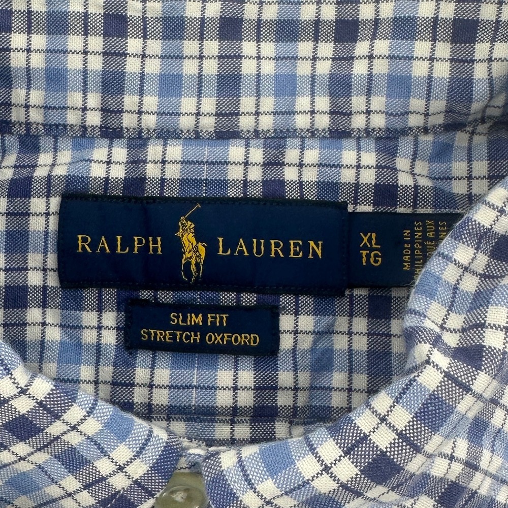 Ralph Lauren Shirt Mens XL Blue Plaid Slim Fit Stretch Oxford Button Down Modern - Picture 2 of 8